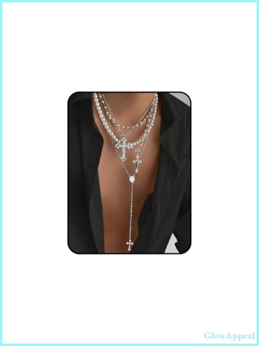 Layered Cross Necklace Set Multi Chain Pendant Rhinestone Accents Punk Gothic